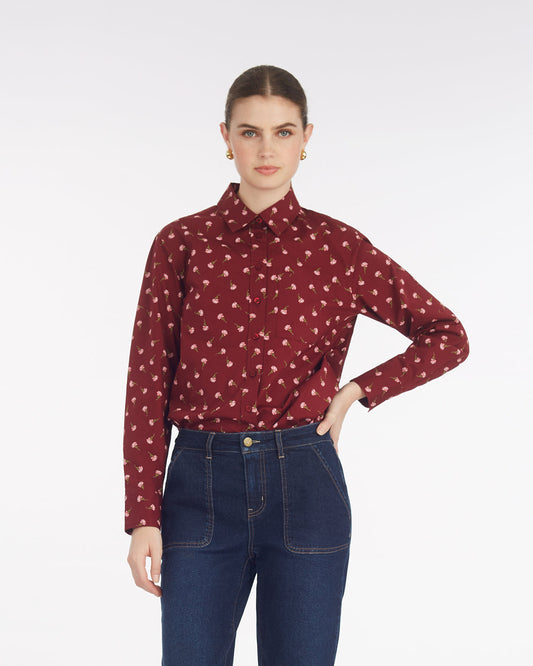 Long-Sleeve Button Down in Burgundy Buds | Draper James Essential