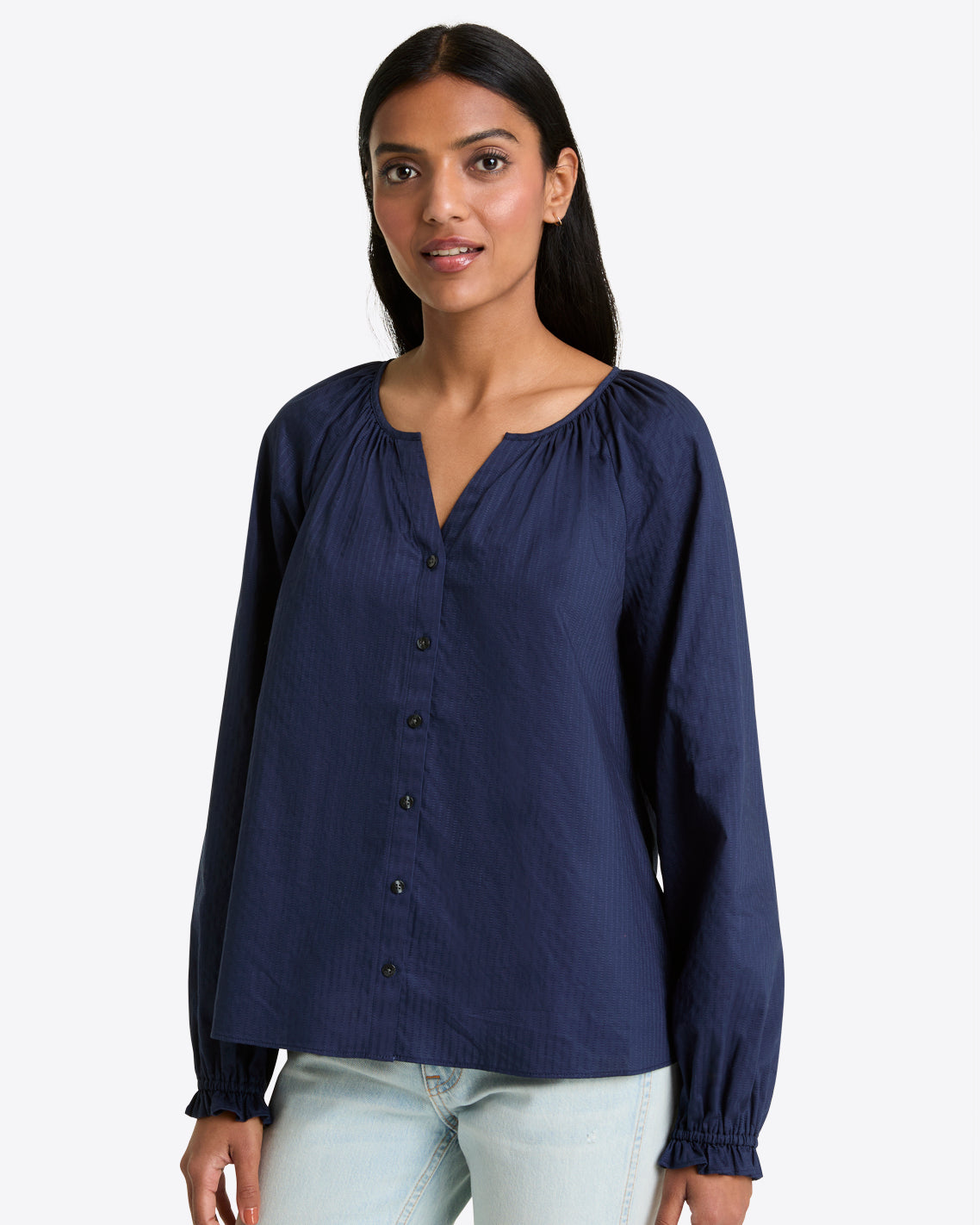 Alexandra Top in Navy Dobby Stripe | Draper James Latest