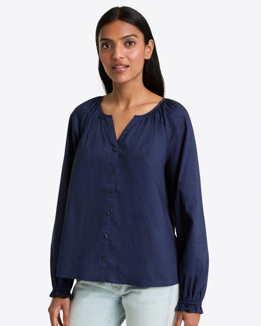 Alexandra Top in Navy Dobby Stripe | Draper James Latest