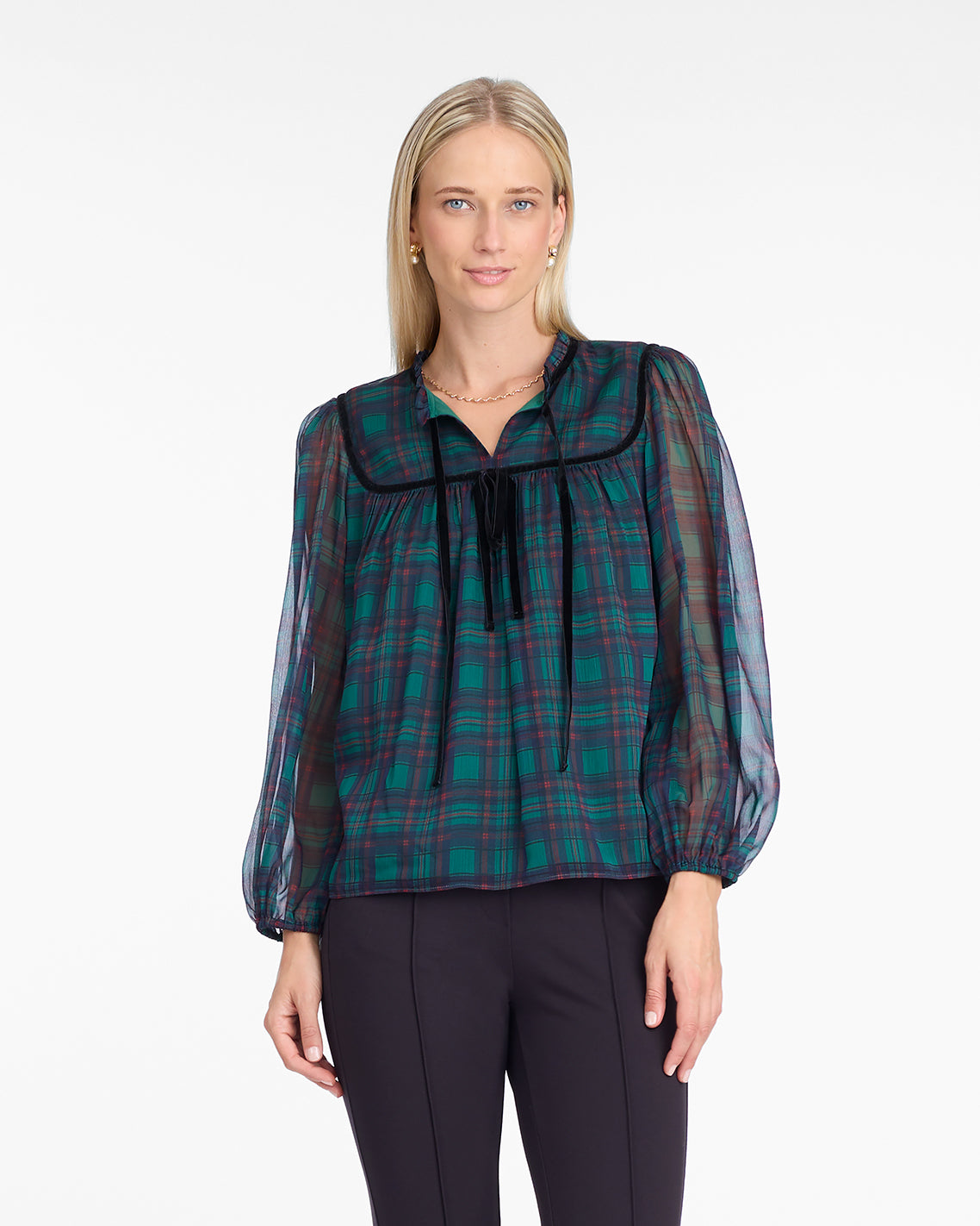 Bow Long-Sleeve Top in Evergreen Tartan | Draper James Signature