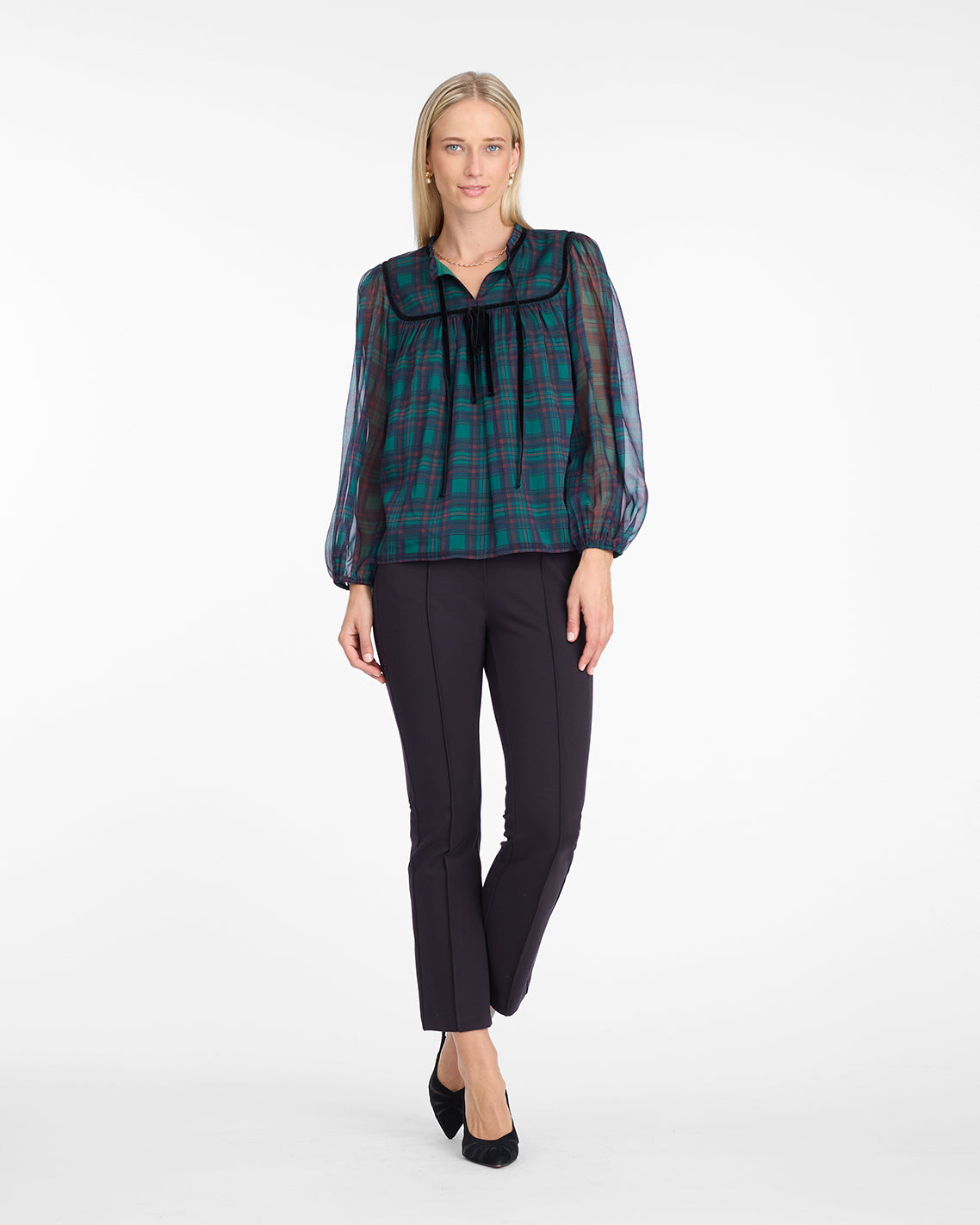 Bow Long-Sleeve Top in Evergreen Tartan | Draper James Signature